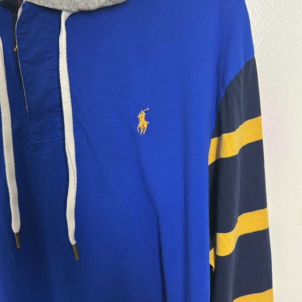 Polo Ralph Lauren Men’s Graphic Print Rugby Hoodie Royal Blue Striped Sleeves XL - Picture 3 of 15